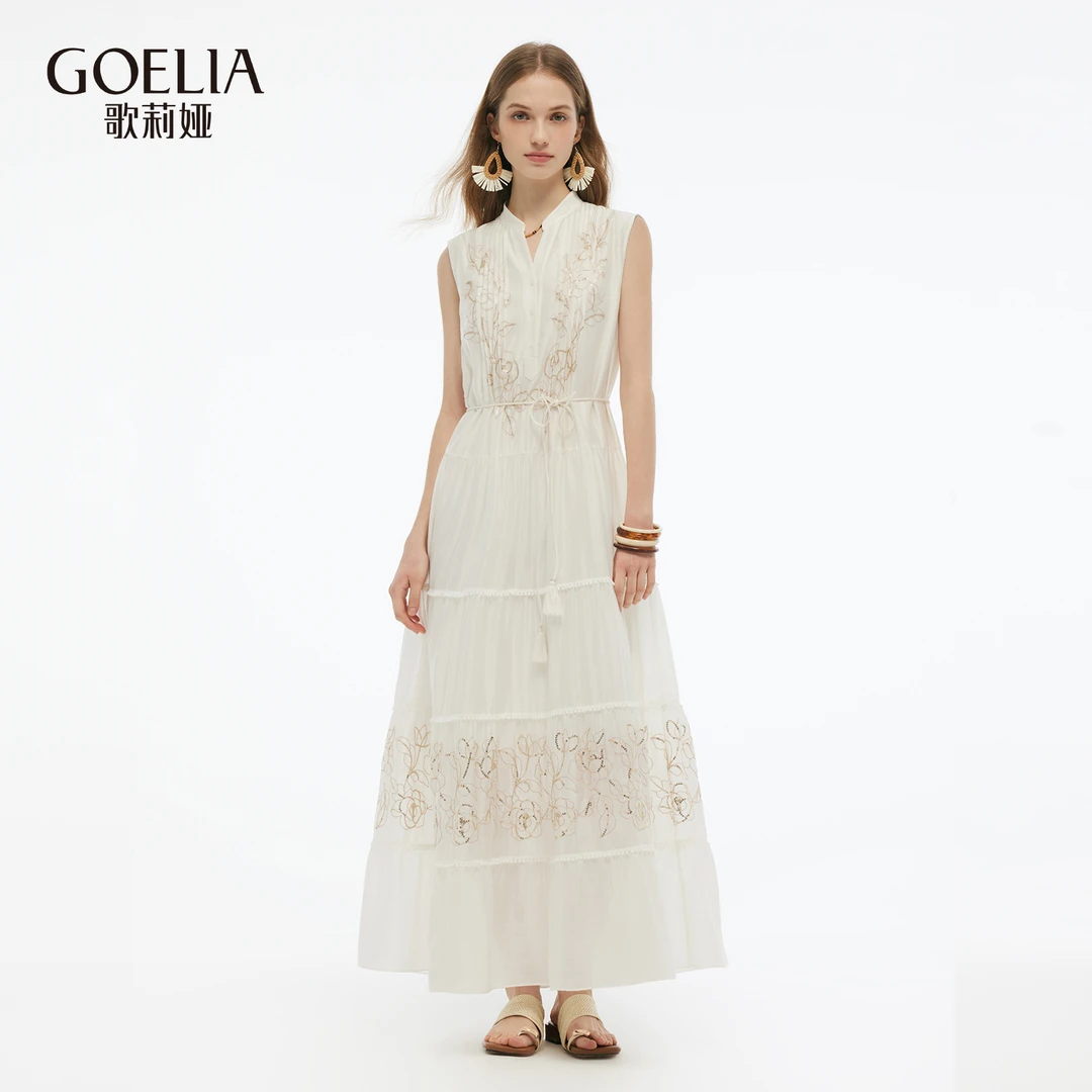 【一秒入夏】歌莉娅夏季新品无袖绣花长连衣裙(配送腰绳)1E5R4K920