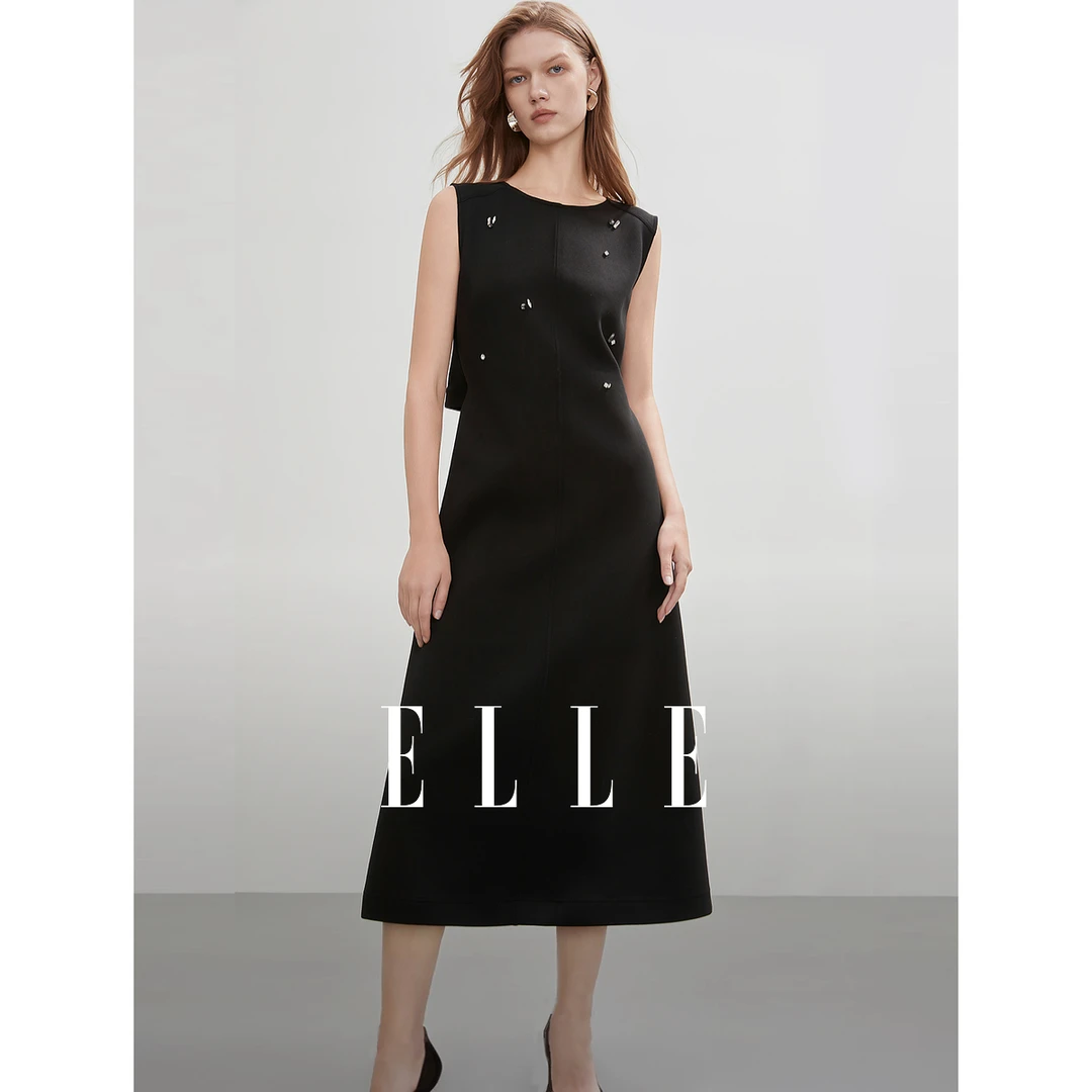 ELLE黑色轻奢无袖连衣裙2025夏日高级感穿搭千金气质裙子EL51506