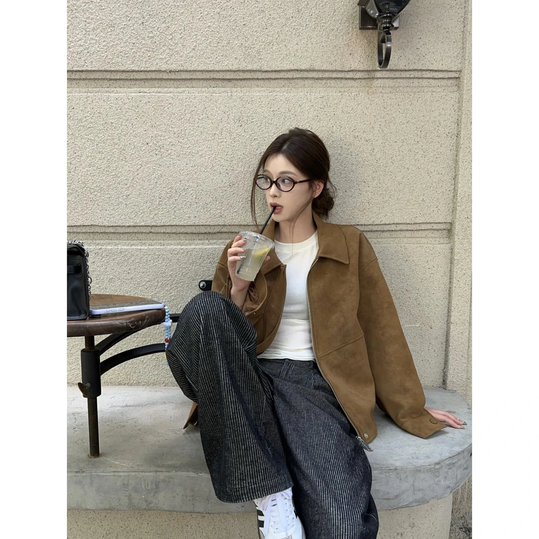 韩版咖色麂皮绒外套女春2025美拉德复古设计感休闲工装夹克上衣潮