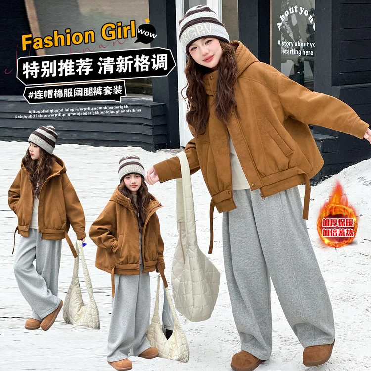 女童加绒棉衣冬季新款中大童加厚连帽外套小女孩韩版洋气工装冬装