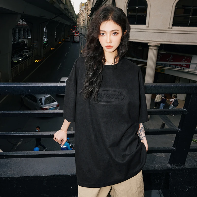 Nuthink美式高街钢印麂皮绒短袖T恤男女同款潮牌ins半截袖夏季潮