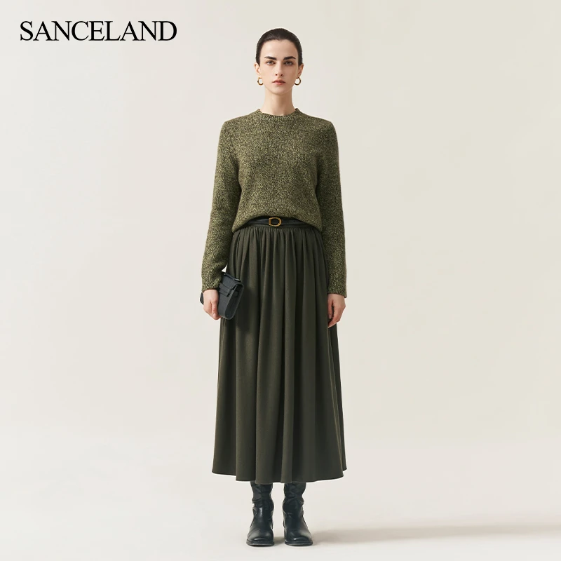 SANCELAND三石一澜冬新品针织羊毛半身裙长款捏褶伞裙SI43103025
