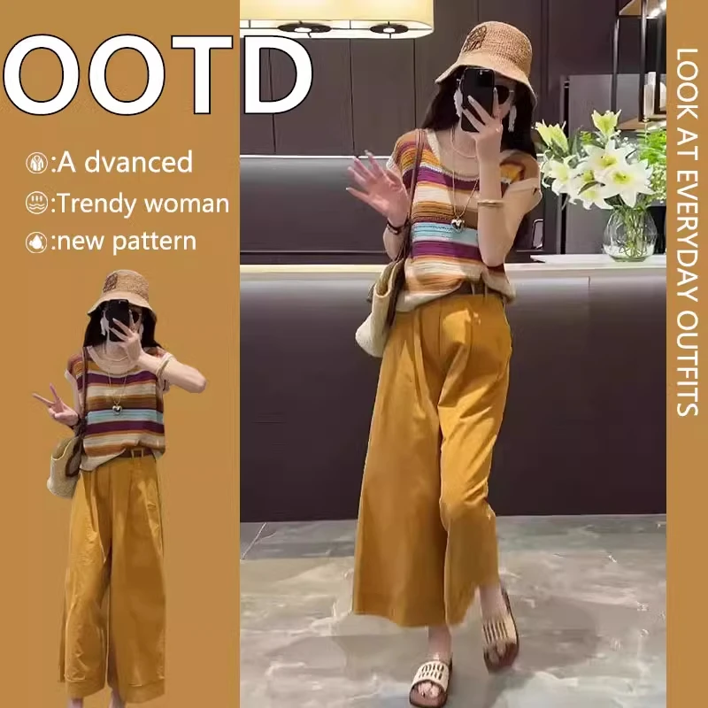休闲风时尚套装百搭条纹上衣减龄短裤衬衫阔腿裤洋气显瘦两件套
