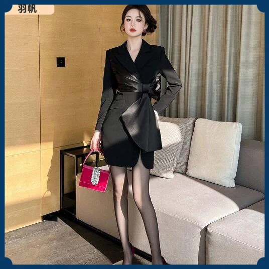 1西装礼服蝴蝶结高端轻奢女装小众开衩正式场合连衣裙短款秋款通I