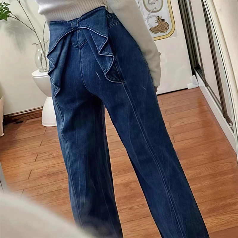 2025新款蝴蝶结设计牛仔裤子宽松高腰阔腿直筒裤春装女款喇叭裤