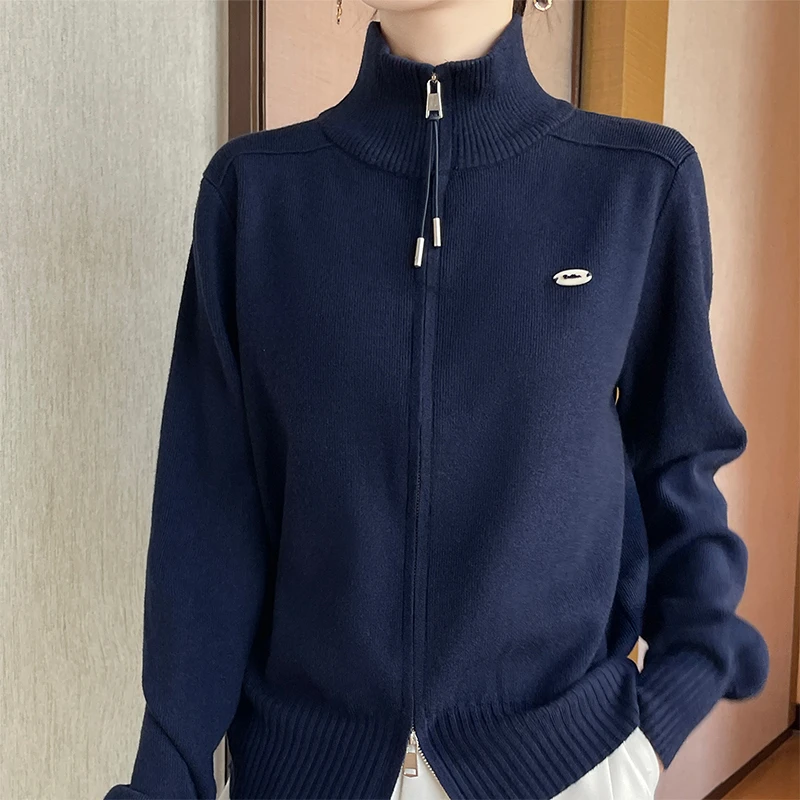 时尚立领韩系秋装新款针织衫开衫外套双拉链毛衣时尚感毛衫上衣潮