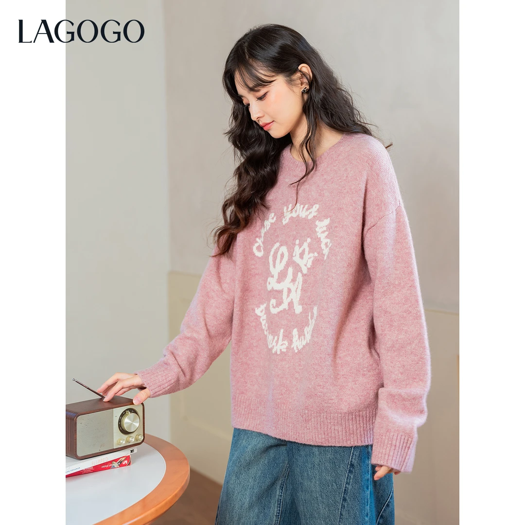LAGOGO甜甜慕斯美式提花粉色毛衣女2025年冬新款针织衫OCMM47XGE1