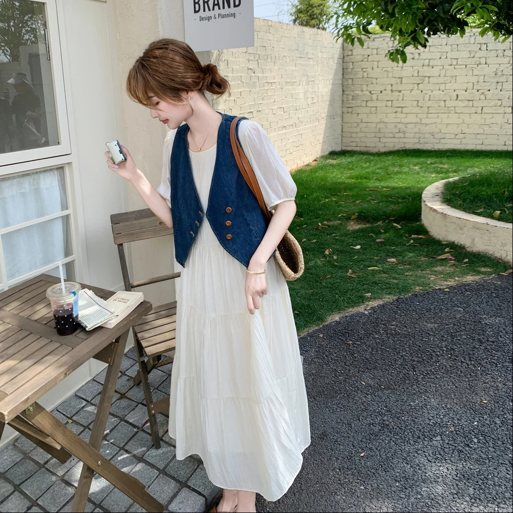 法式复古短袖连衣裙女2025夏季新款休闲薄款牛仔马甲长裙两件套