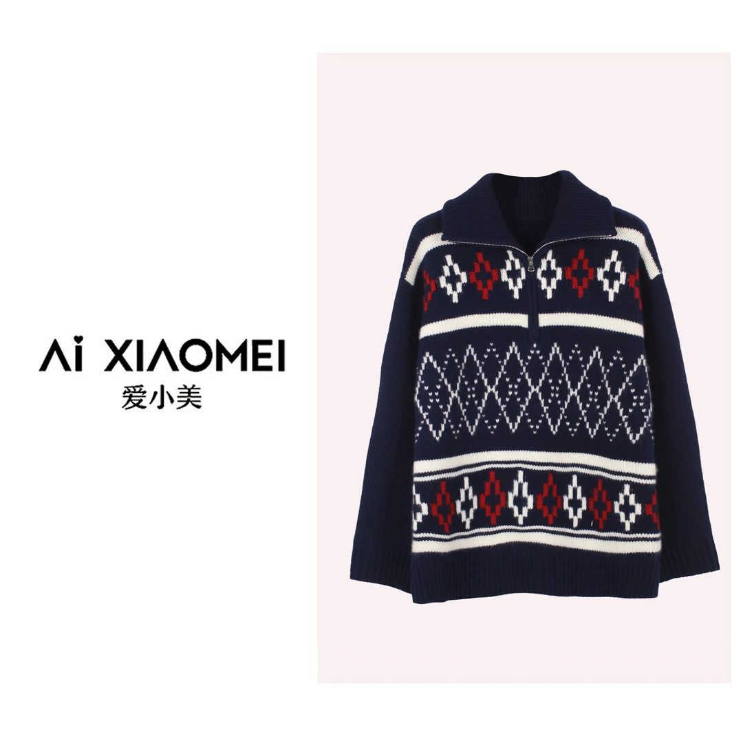 Aixiaomei/爱小美秋冬新款100山羊绒百搭半拉链上衣YR08-1443