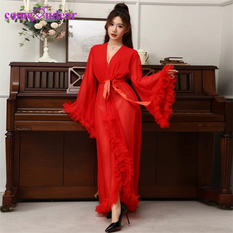 康梦帝性感睡衣蕾丝网纱大码睡袍荷叶边四季通用长款晨袍纯欲薄款