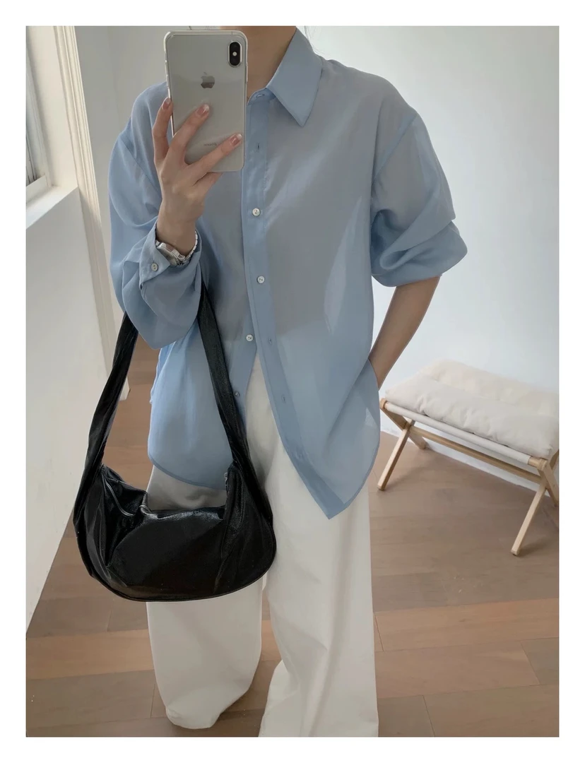 2025夏上新落肩袖后背开衩极简衬衫女薄款新款防晒衣百搭衬衣1111