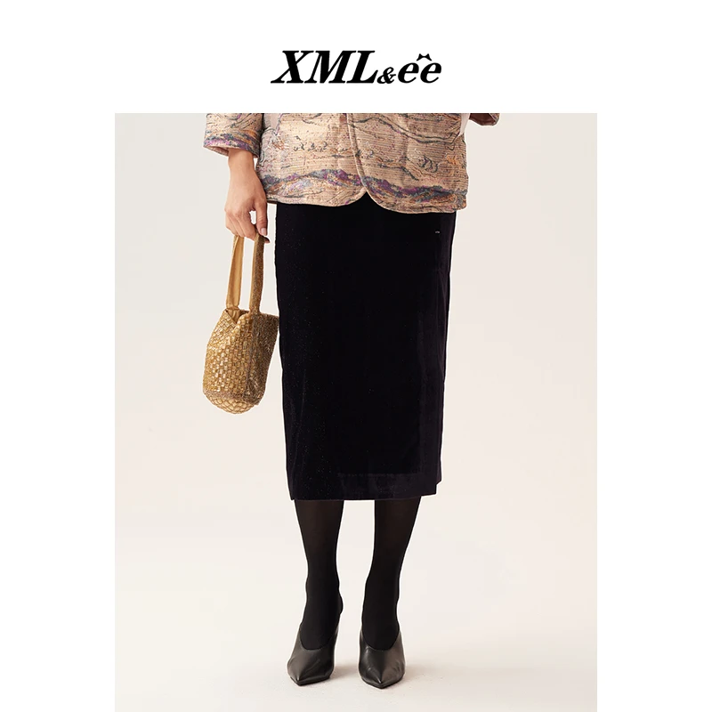 XMLee艾米尔 琥珀流光丝绒中式盘扣半身裙 X431Q5221