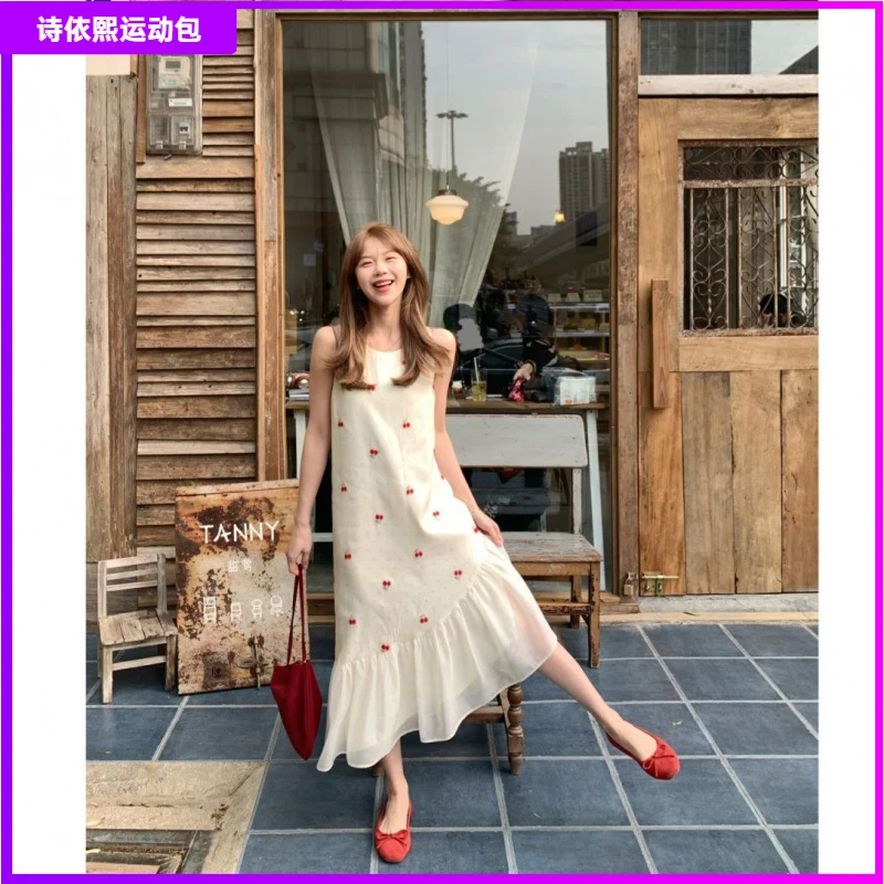 12025夏季韩版甜美碎花气质法式无袖背心网纱拼接长裙连衣裙女I