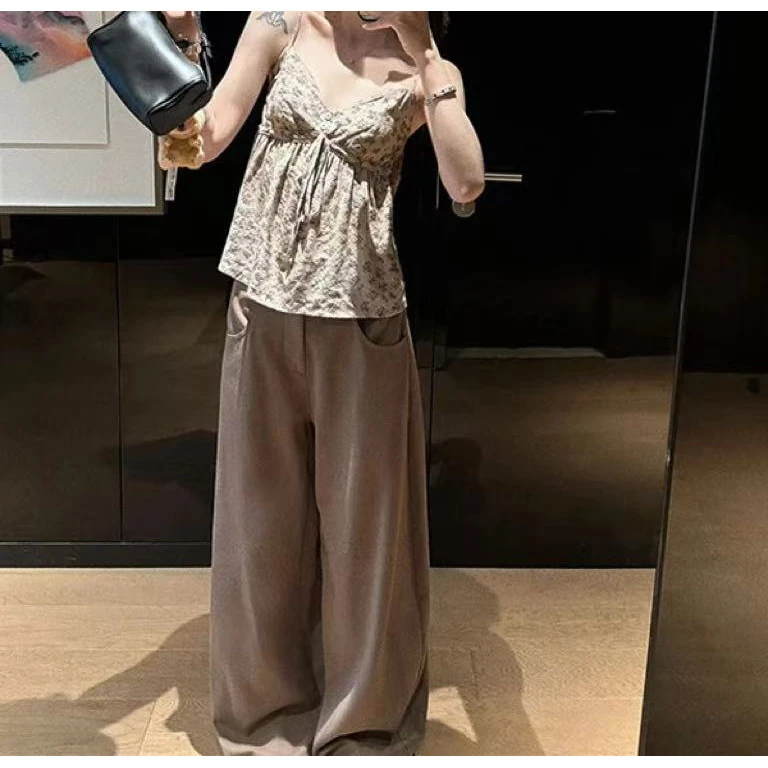 大码女装早秋新款休闲裤阔腿裤风吊带背心韩版修身薄款套装