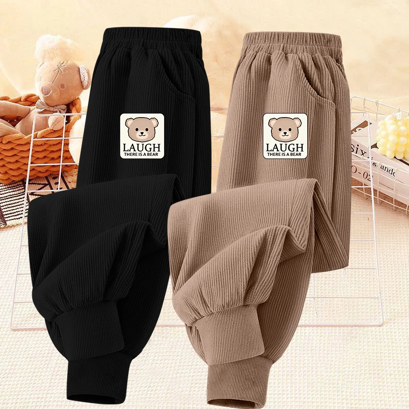 儿童小童新款灯芯绒卡通裤子2025女童洋气春秋运动裤束脚休闲长裤