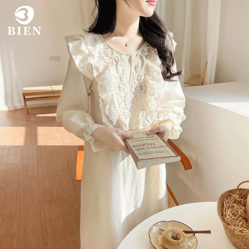 BIEN韩版睡裙女春秋季甜美可爱公主风家居服可外穿纯棉长裙宫廷风