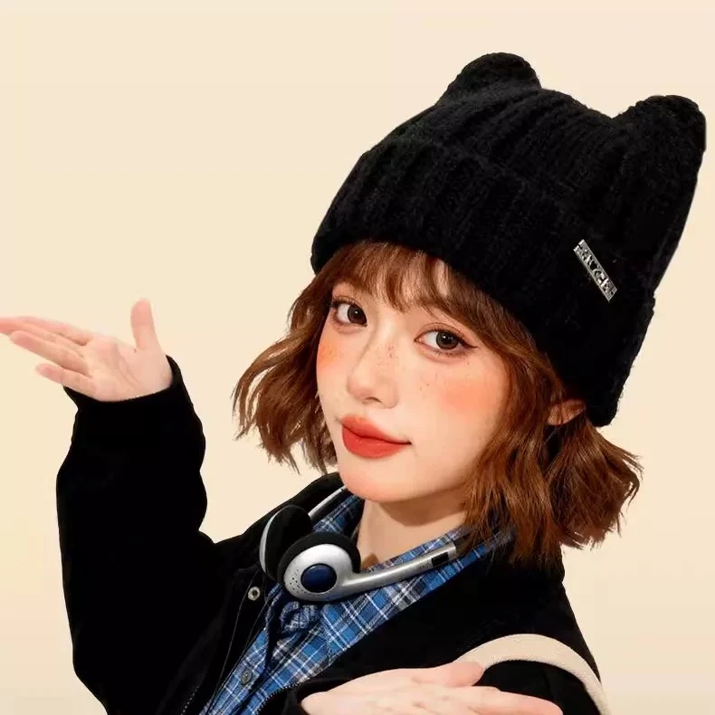 猫耳朵毛线帽子女款2025新款秋冬季大头围显脸小针织帽帽子女秋冬