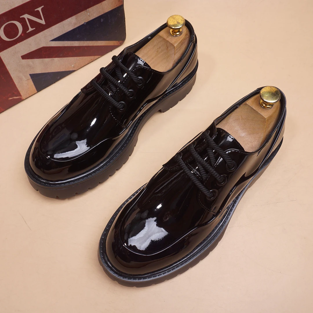 亮黑男士韩版尖头皮鞋英伦男士休闲套脚男鞋内增高复古婚鞋子