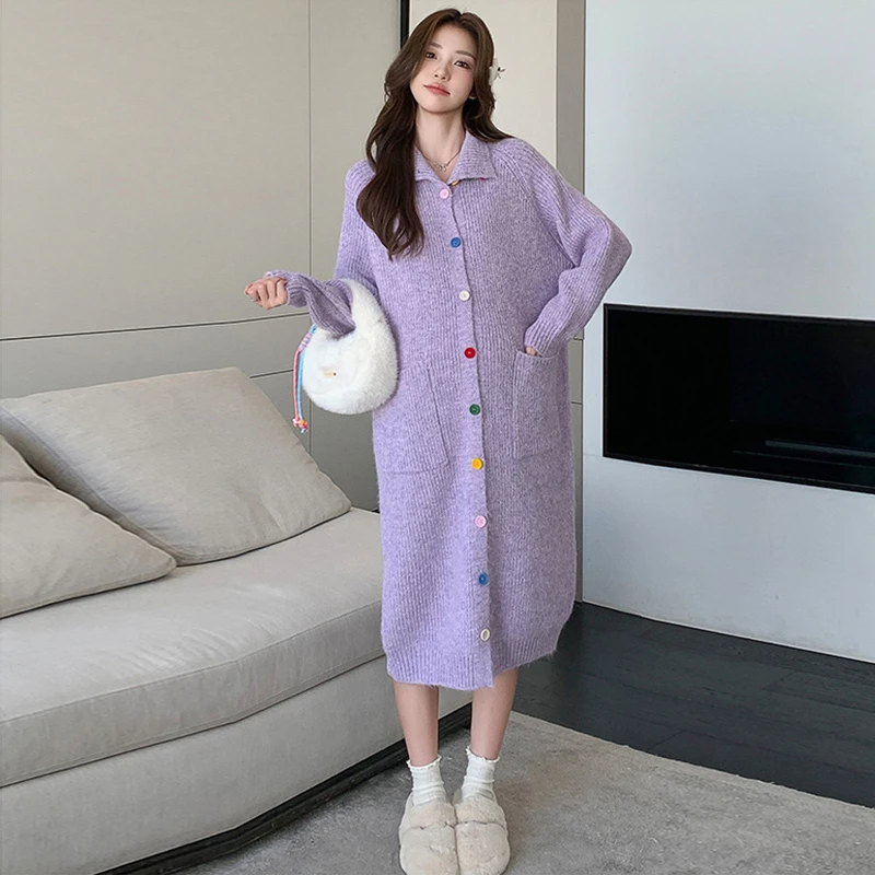 孕妇连衣裙2025秋冬季韩版新款彩扣绵绵慵懒中长款针织衫毛衣裙子