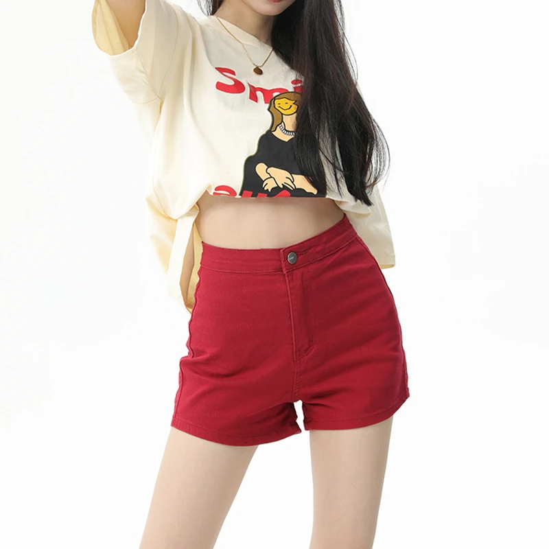 红色美式热辣牛仔短裤女款2025年秋季新款高腰弹力紧身a字热裤