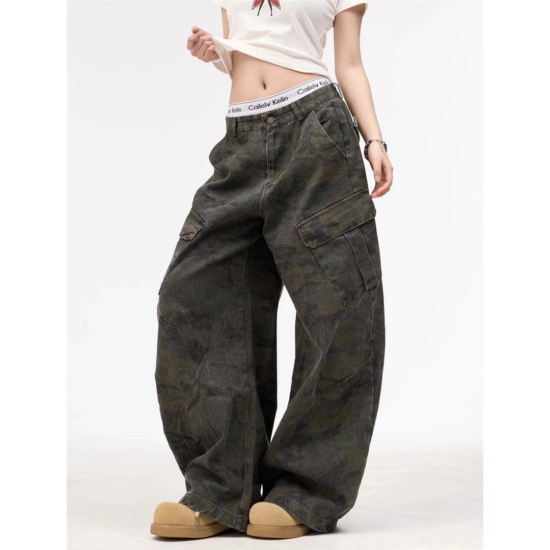 美式复古迷彩工装弯刀牛仔裤女设计感多口袋宽松直筒阔腿拖地裤子