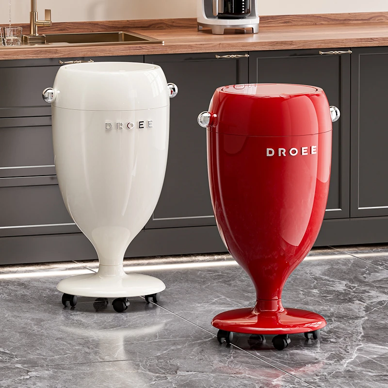 星优创意高脚杯垃圾桶轻奢风免弯腰垃圾桶家用大容量带轮可移动