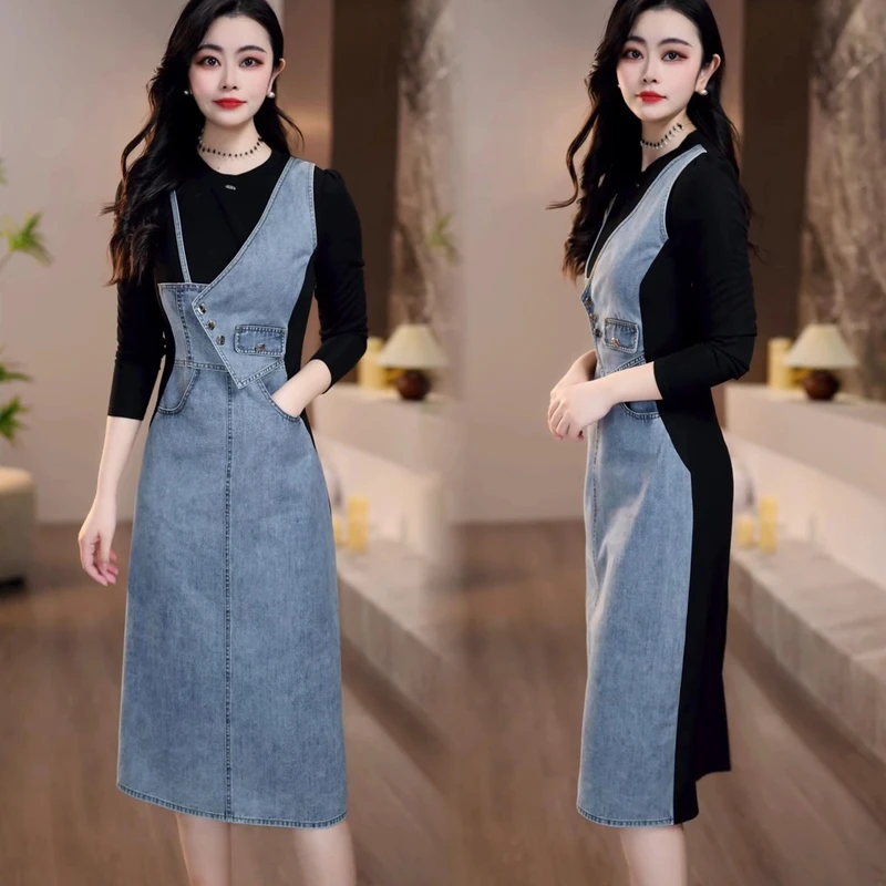 2025春季时髦不规则水洗牛仔背带裙黑色打底衫假两件连衣裙M-4XL
