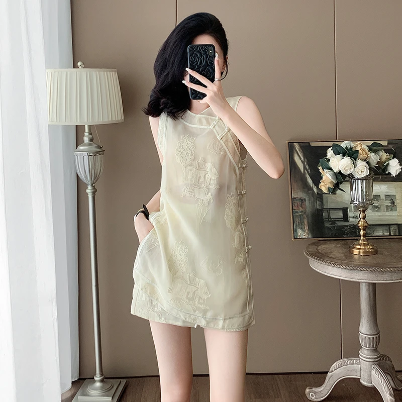 夏季改良新中式绝美国风刺绣套装女高级感无袖马甲上衣短裤两件套