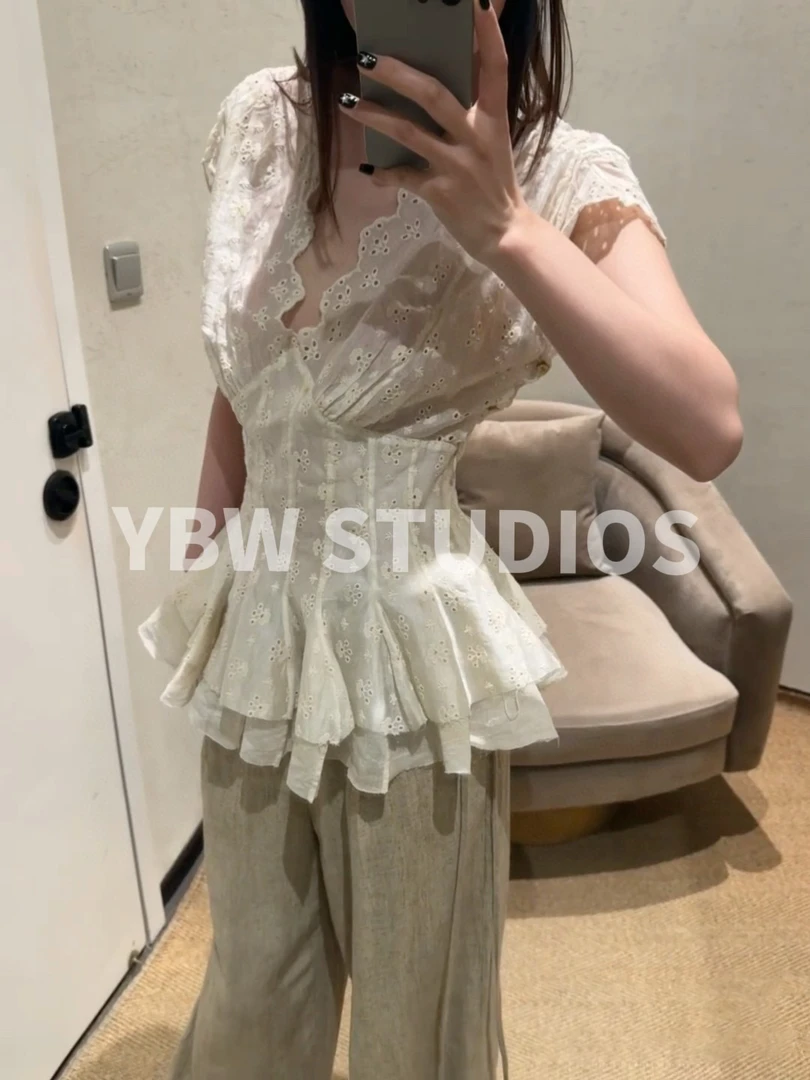 【YBW】清冷仙气*提花重工蕾丝镂空收腰上衣