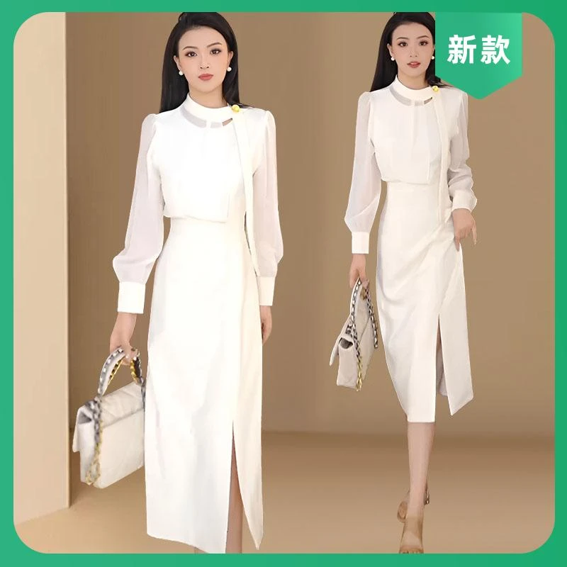 2025春秋新款法式优雅气质假两件连衣裙女轻奢女装收腰开叉长裙子