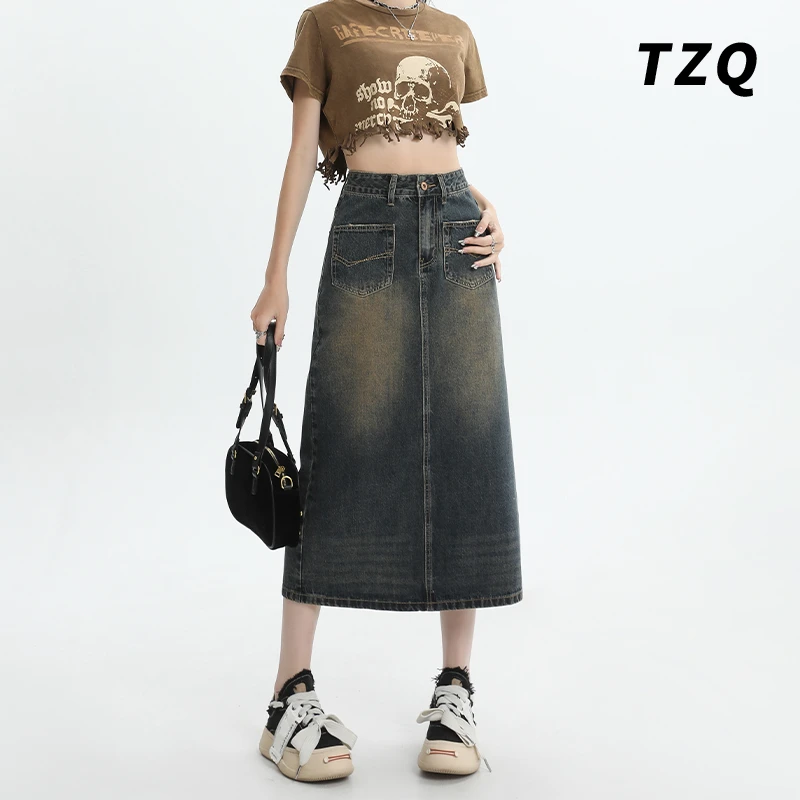 高腰半身裙女2025美式开叉设计感显瘦a字裙中长牛仔裙TZQ2521624