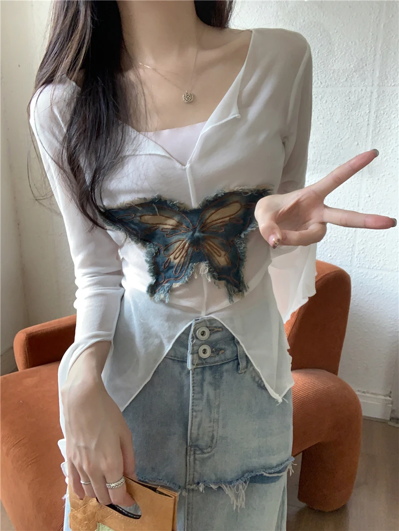 美式复古辣妹蝴蝶印花网纱长袖上衣夏季新款修身显瘦短款打底衫