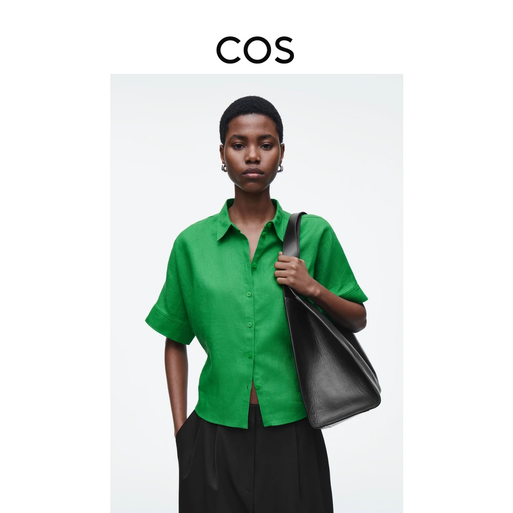 COS女装 标准版型短袖亚麻衬衫绿色2025春季新品1282575002