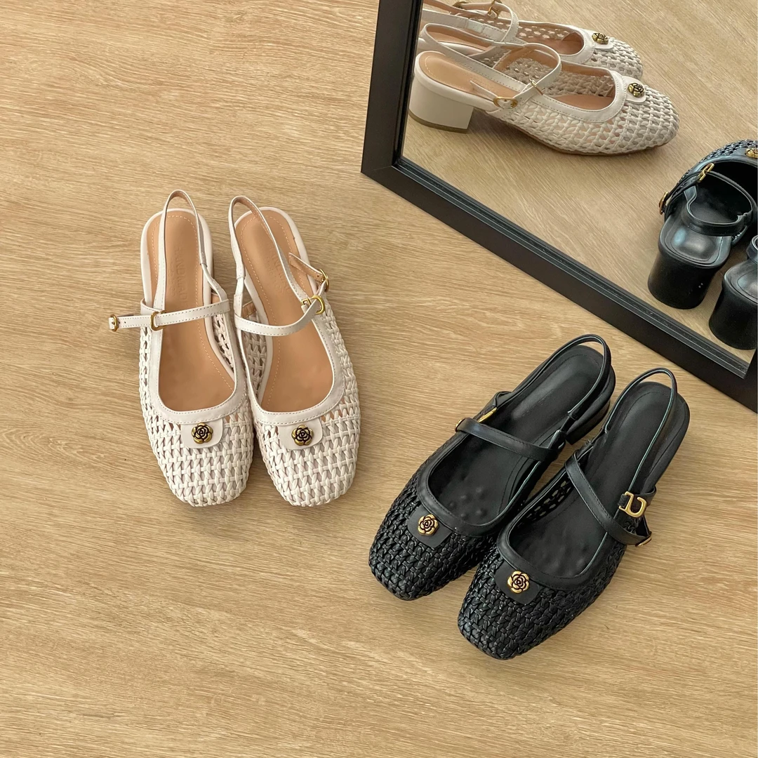 HUSSLOVE 头层牛皮+编织·跟高4CM·法式镂空编织山茶花包头凉鞋女