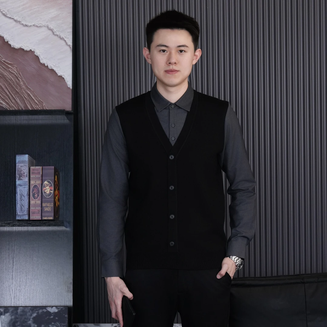 【高品质】轻奢V领假两件针织衫商务休闲修身百搭打底衬衫毛衣