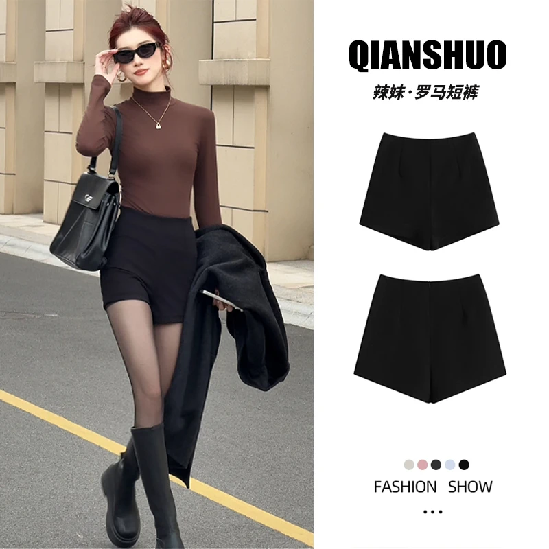 千朔百搭黑色短裤秋冬外穿女款高腰罗马热裤配长靴西装修身显瘦裤