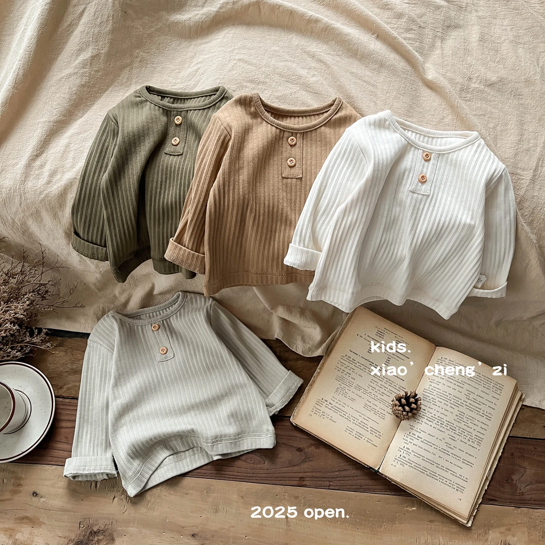 T24Q118秋季新款韩系男宝女宝坑条百搭洋气长袖套头扣子打底衫T恤