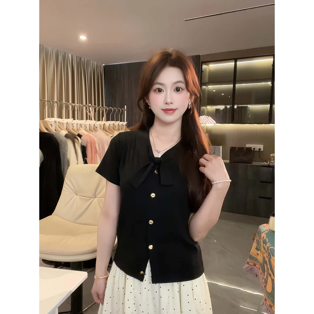 【现货】法式气质立体蝴蝶结短袖金色纽扣V领女正肩T恤开衫针织上衣