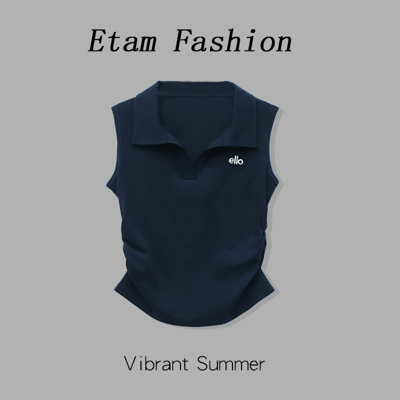 艾格刺绣小标POLO领无袖小衫 2025夏季捏褶修身显瘦潮流简约t恤女