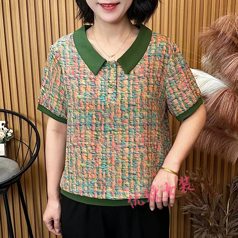 妈妈装夏季薄款娃娃领多彩宽松显瘦透气中老年女装短袖上衣 A6813