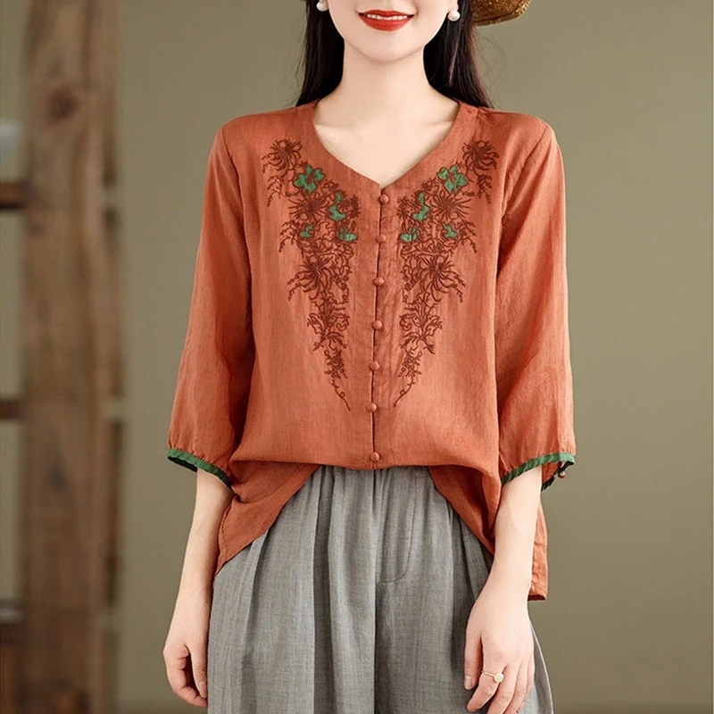 夏季重工刺绣宽松衬衫大码女圆领薄款复古遮肚套装0203