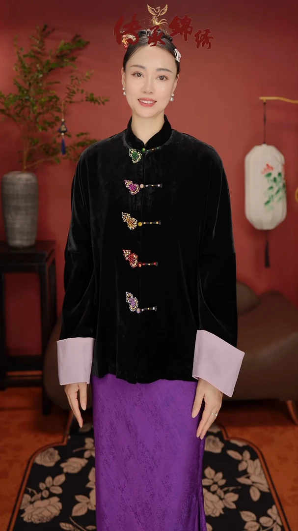 秋季国风新款真丝丝绒《五彩葫芦》太太服中国风外套上衣丝绒外套