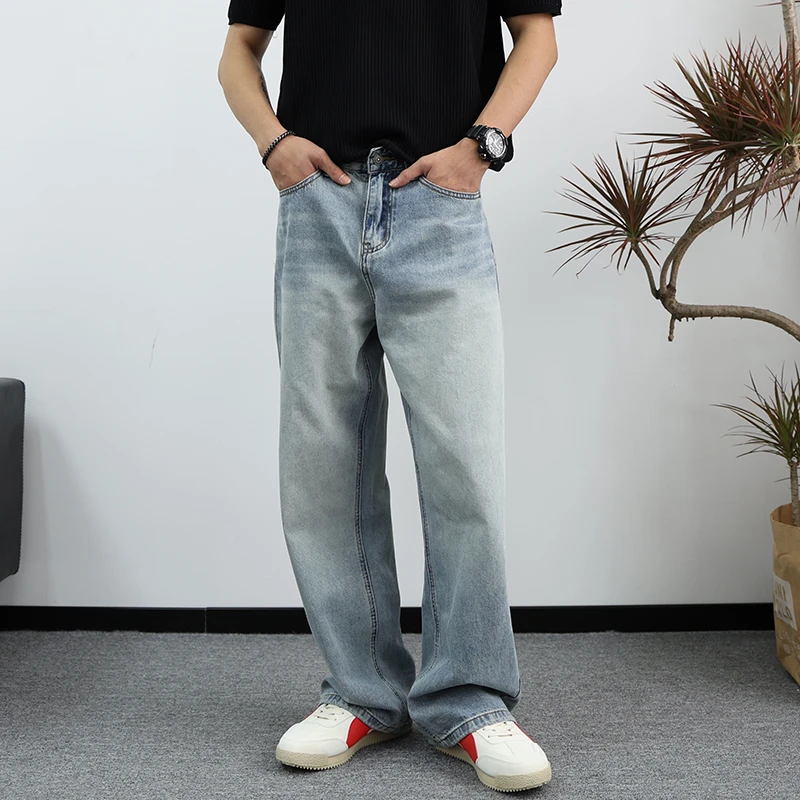 2025新款美式浅色宽松直筒阔腿牛仔裤男款水洗蓝色垂感百搭长裤男