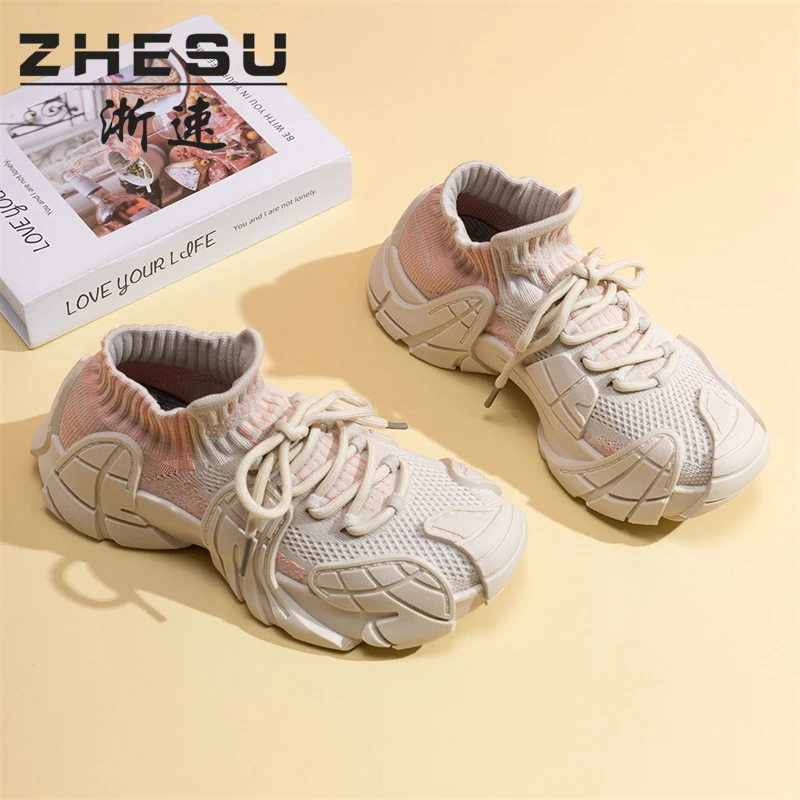 ZHESU/浙速2025新女款春秋飞织袜子鞋运动透气增高减震百搭跑步鞋