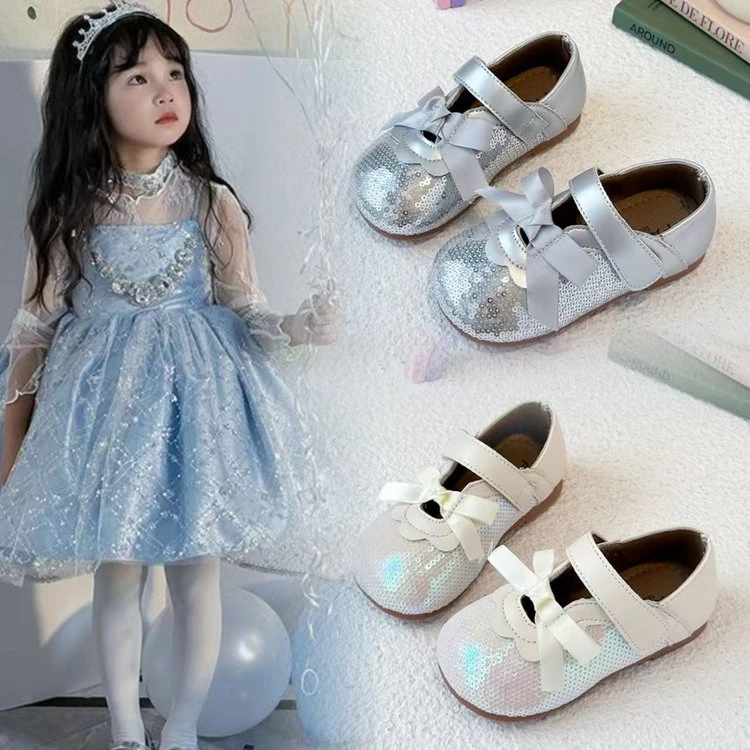 女宝鞋子蝴蝶结2025春秋新款复古芭蕾圆头瓢鞋女童小皮鞋银色亮片