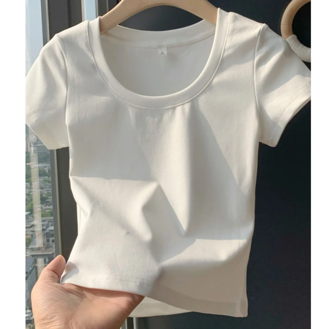 流行时尚低圆领性感修身简约短袖T恤夏短款上衣纯色打底衫女U领