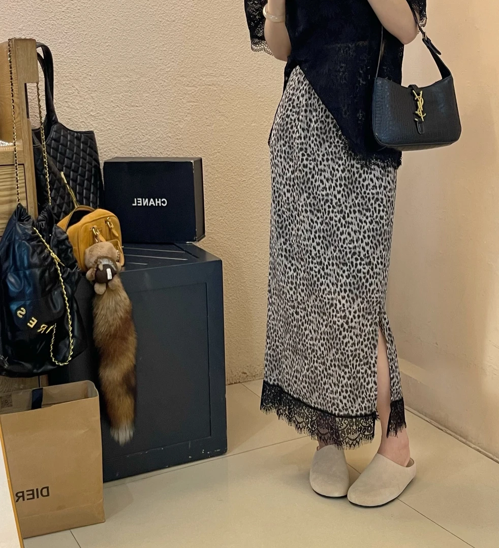韩版chic豹纹拼接蕾丝半身裙夏季新款高级感洋气百搭显瘦气质轻奢