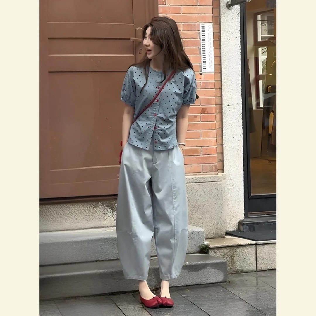 超火夏装一整套轻奢高级感大方得体减龄巨好看蓝色波点衬衫套装女