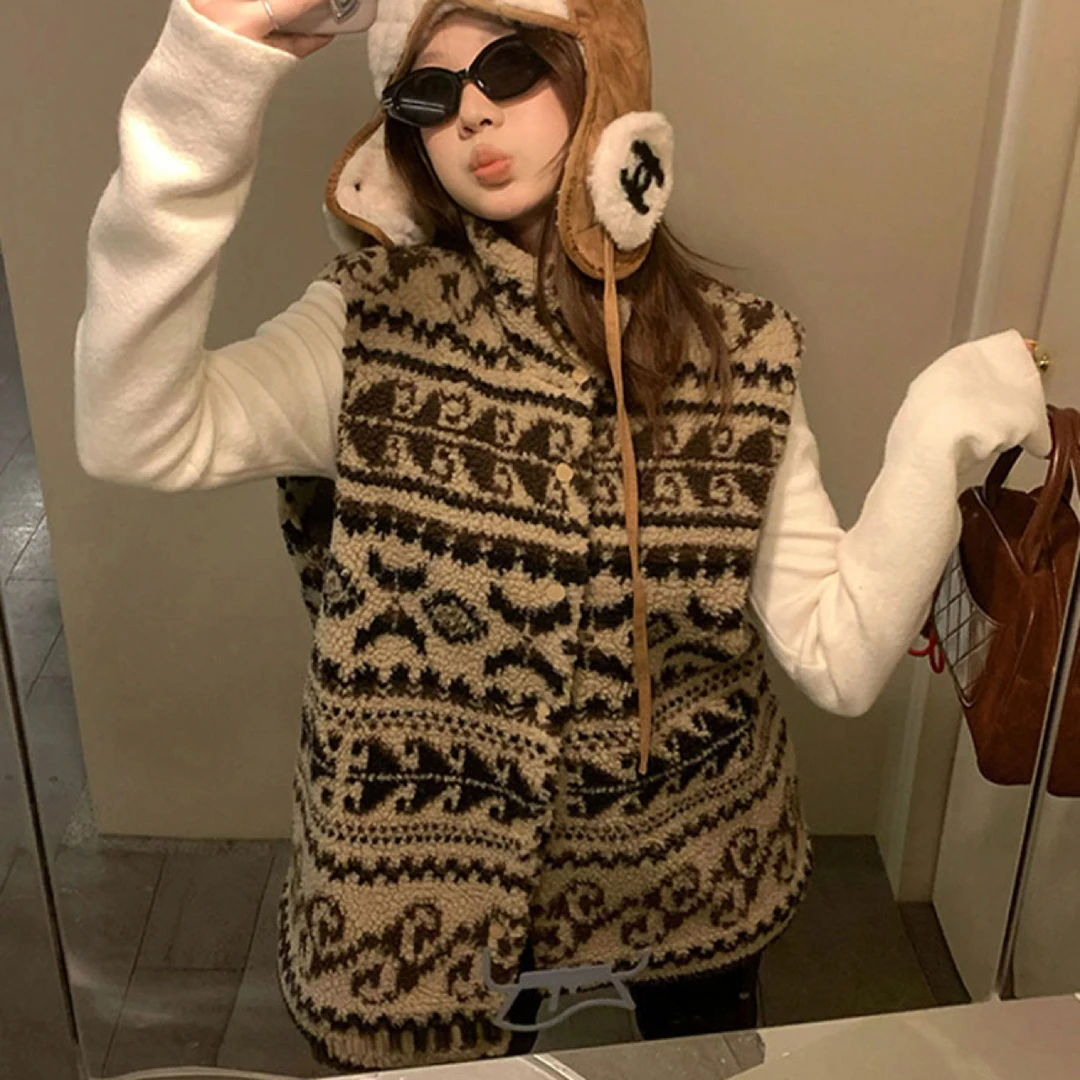 新款提花秋冬费尔岛羊羔毛马甲女立领韩系环保皮毛一体麂皮绒马夹