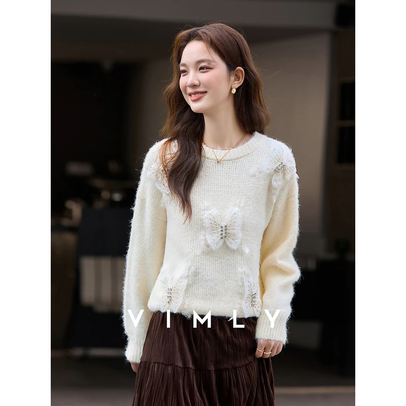 D梵希蔓杏色立体蕾丝蝴蝶圆领长袖毛衣女冬宽松遮肉针织衫30397